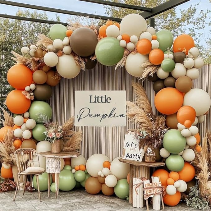 Green Orange Brown Balloon Garland Double Stuffed Dusty Green Dark Brown Balloons White Sand Coffee Fall Balloon Arch Kit for Birthday Woodland Baby Shower Dinosaur Autumn Theme Party Decoration