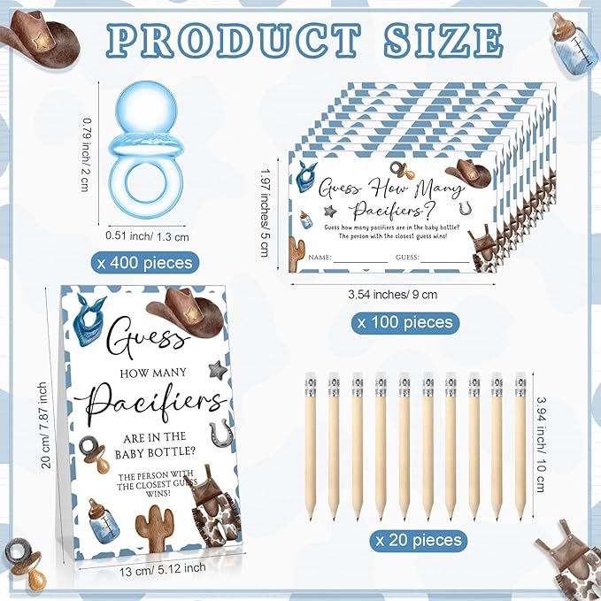 Roowest 512 Pcs Baby Shower Games Guess How Many Pacifiers Sign 100 Small Guessing Games 10 HB Pencils 750ml Milk Bottle 400 Acrylic Pacifiers Decoration for Guest Gender Reveal(Blue,Cowboy)