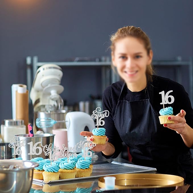 30PCS Happy 16th Birthday Cupcake Toppers Glitter Sweet Sixteen Hello 16 Cupcake Picks Cheers to 16 Birthday Decorations for 16th Birthday Anniversary Party Cake Decoration Supplies Silver