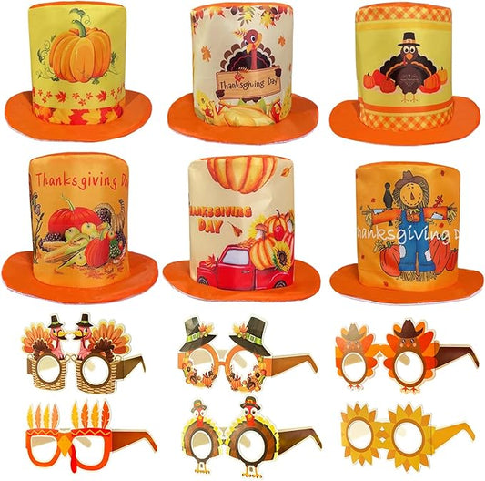 12 Pieces Thanksgiving Top Hats Turkey Hats Paper Eyeglasses Set for Thanksgiving Party Costume Accessories