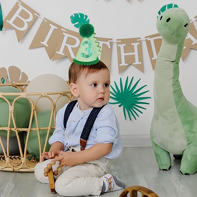 Green Glitter Dinosaur Birthday Cone Hat for 1-5 Years Old Kids Boys Dino Dinousour Birthday Hat Party Decoration
