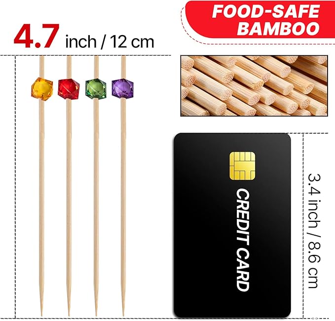 PuTwo Cocktail Toothpicks 300 Counts Cocktail Picks Handmade Natural Bamboo Cocktail Sticks with Cube Beads End Eco-Friendly Appetizer Skewers for Cocktail Appetizers Fruits Dessert - Multicolor