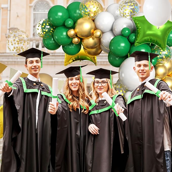 Green Gold White Balloons Arch Kit with Star Balloon Pennant Flag Bunting 2025 Foil Balloon Banner Green Gold Confetti Balloons Garland for Class of 2025 Graduation Theme Birthday Party Supplies