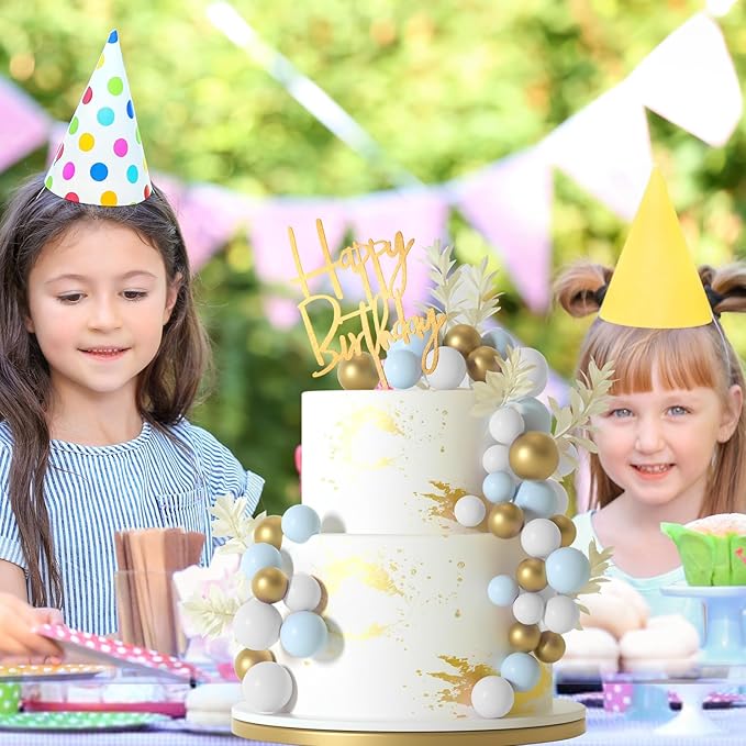 MIAHART Ball Cake Toppers Boho Grass Cake Topper Ball Cake Insert Decoration for Birthday Wedding Baby Shower Party Decorations Boho Themed Party Supplies (gold，light blue，white)