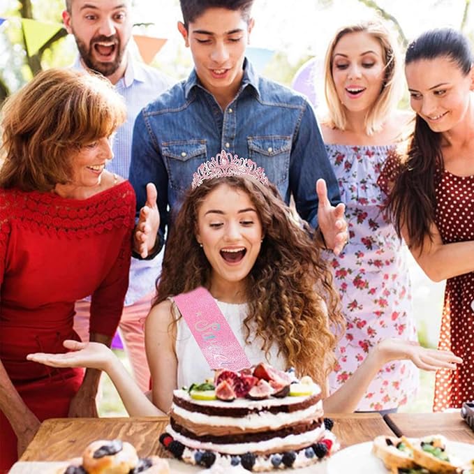 Sweet 16 Birthday Crown and Sash for Girls, Sweet 16th Sashes and Tiara Set, 16th Birthday Party Decorations for Women, Pink Accessories Gifts for Girls