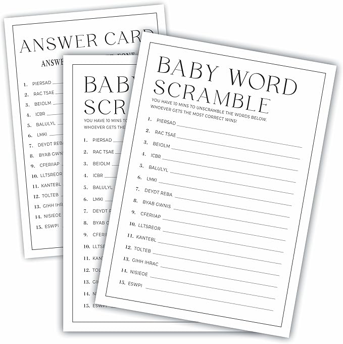 Baby Shower Party Games- Minimalism Black &White-Baby World Scramble Game For Guest-30 Game Cards & 1 Answer Card-Wishes For Baby-Baby Announcement Gender Reveal Game Card 11