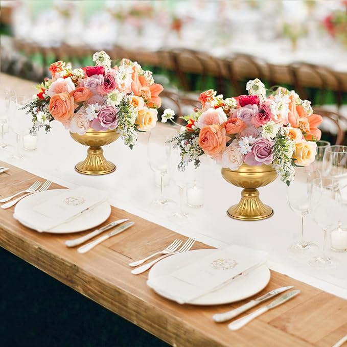Gold Pedestal Vases for Centerpieces: Wedding Flower Vase for Tables 5 Inch Small Metal Compote Bowl Vase for Birthday Party Anniversary Event Home Decoration Set of 2