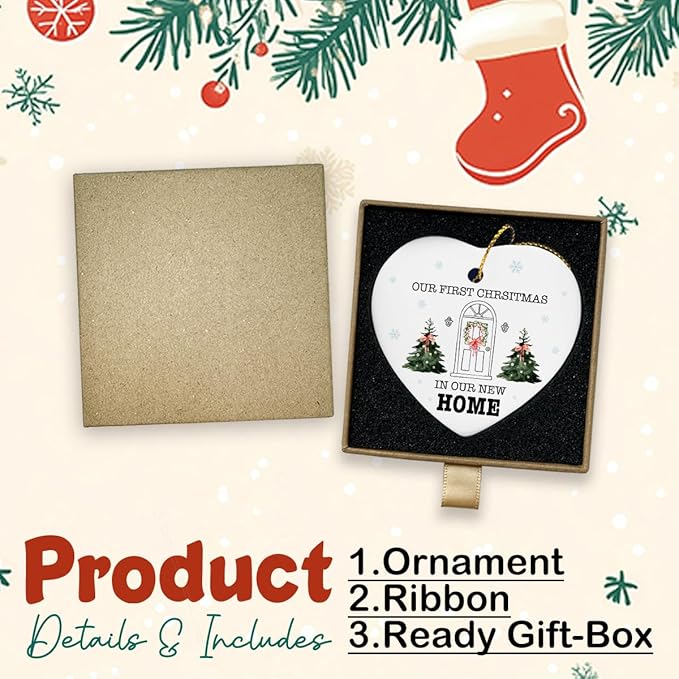 Our First Christmas in Our New Home Ornament Housewarming Gifts New Home for Couple Friends Him Her First Home Christmas Heart Ceramic Xmas Tree Ornament Decorations