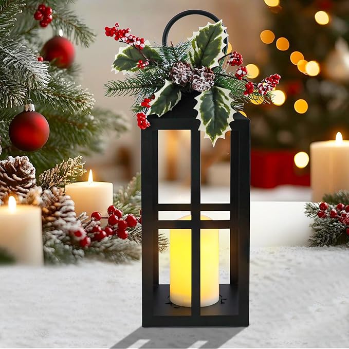 Christmas Lanterns Decorative Indoor Outdoor, 2 Pack Black Christmas Lantern, 18 Inch Timer Decorative Candle Lanterns Flameless Light with Pine Cones and Needles for Home, Party, Farmhouse Decor