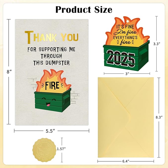 Christmas Thank You Cards - Funny Dumpster Fire Ornament Im Fine Everything's Fine Ornaments for Christmas Tree Decoration Xmas Gifts for Friends, Family, Coworker (Gold Foil, Envelope Included)
