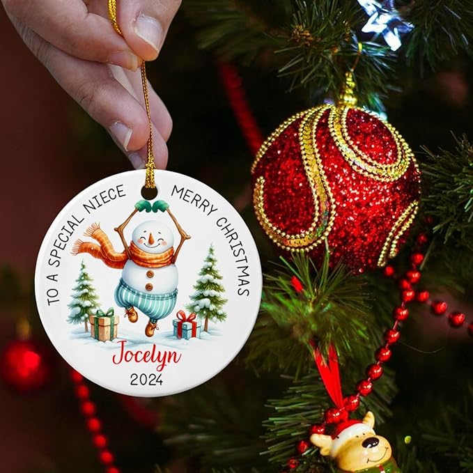 Personalized Niece Snowman Ceramic Ornament Christmas with Name, to a Very Special Niece Merry Christmas Customized Ornament, Special Niece Snowman Xmas Tree Keepsake Ornament Gifts from Auntie Uncle
