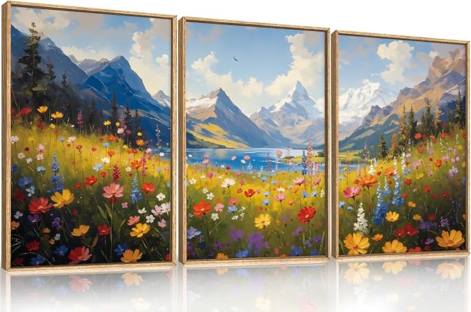HOURIA Colorful Wildflower Mountain Framed Canvas Wall Art Set,Blue Sky Lake Green Tree Grass Wall Decor,Nature Flower Artwork,Field Scenery Art Prints for Living Room,Bedroom,Farmhouse-24 x36 x3