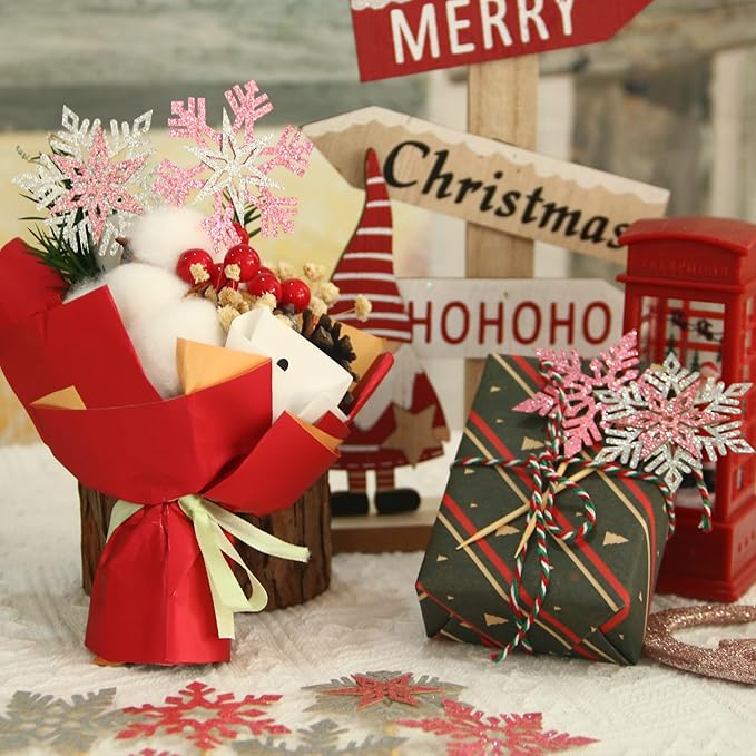 24pcs Glitter Snowflake Cupcake Toppers Double Layer Pink Silver Cake Decorations Winter Frozen Theme Cupcake Picks for Winter Wonderland Baby Shower Christmas Party Favors