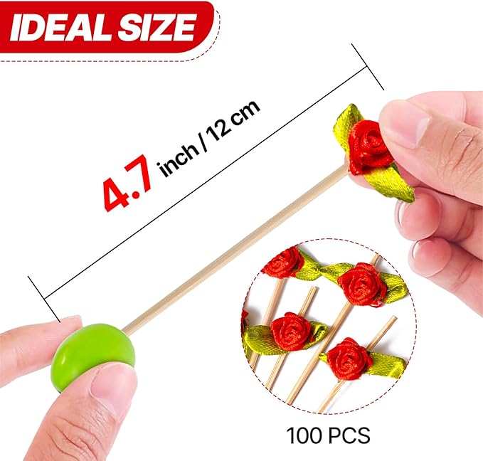 PuTwo Cocktail Picks 4.7 Inch 100pcs Bamboo Fancy Skewers Toothpicks for Appetizers Red Rose Flower Toothpicks for Food Drink Fruit Sandwich Charcuterie Boards Accessories Wedding Party Supplies