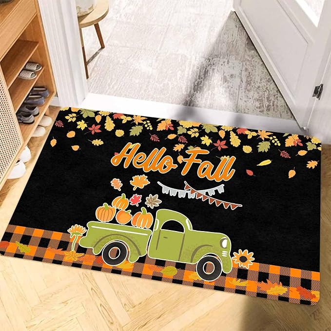 Fall Welcome Maple Leafs Decorative Door Mat, Autumn Thanksgiving Doormat for Indoor Outdoor Entrance Floor Mats,Fall Pumpkins Non Slip Harvest Vintage Decor Rubber Welcome Mats 30" x 18" Inch