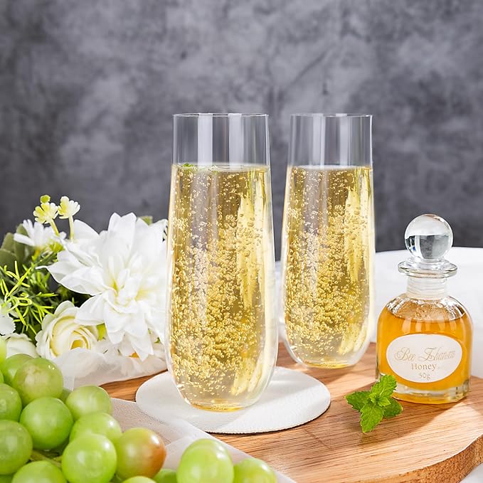 SUT 48 PCS Plastic Champagne Flutes Disposable, Shatterproof Mimosa Glasses for Wedding, Bridal Shower, Party Supplies – Stemless Elegant Cups Bulk Pack (Clear, 9 oz) – Unbreakable Catering Glasses