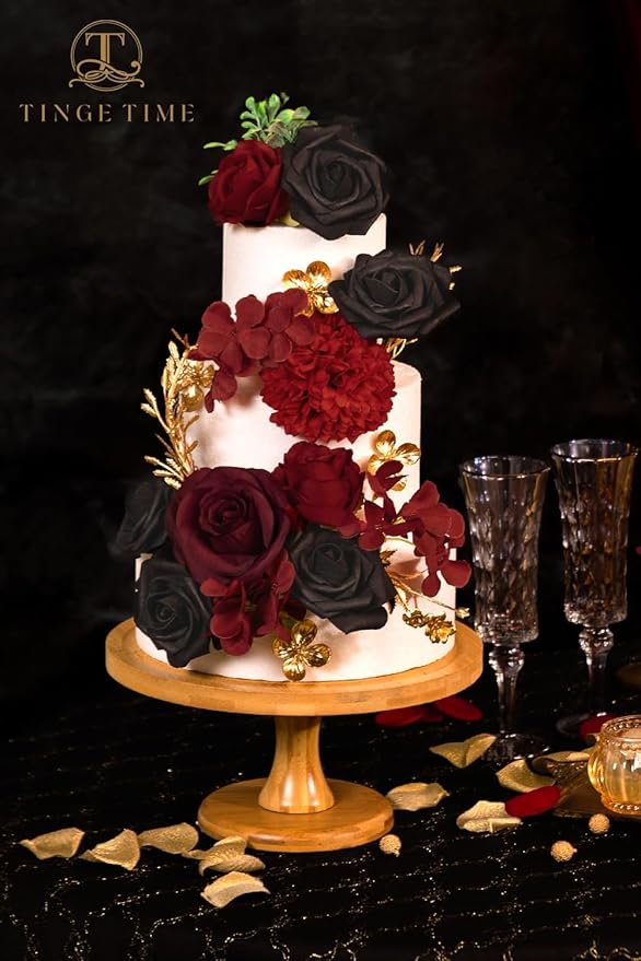 TINGE TIME Rose Artificial Flowers Combo, Gradient Color Faux Foam Roses with Stems for DIY Wedding Bridal Shower Party Table Centerpieces Fake Floral Arrangement Home Decor (Gothic Black & Red)