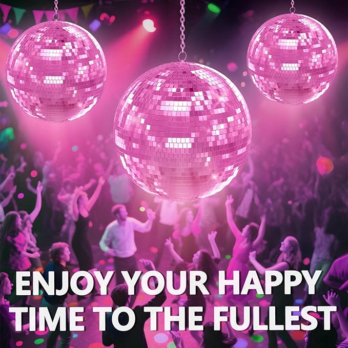 12 inch Pink Disco Ball, Hanging Mirror Ball, Wedding Decoration Disco Light Ball, Stage Lighting Effect，12/16/20 inch Home,Stage and Bar Glittering Decoration (12inch-Pink)