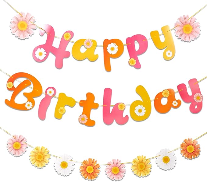 SUNBEAUTY Flower Daisy Happy Birthday Banner Groovy Party Banners Groovy Party Decorations Boho Happy Birthday Banner Daisy Retro Hippie Party Supplies Baby Shower | Pre-Strung