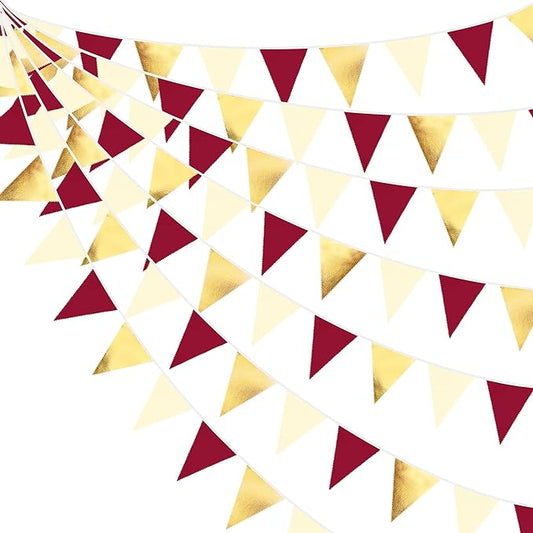 Burgundy Party Decorations Gold Maroon Beige Fabric Triangle Pennant Banner Garnet Flag Bunting Garland for Graduation Wedding Birthday Bridal Shower Bachelorette Anniversary Engagement Party Supplies