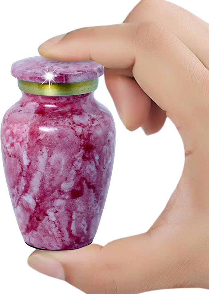 Small Keepsake Urn for Human or Pet Ashes – Handcrafted Light Red Marble Mini Urn with Velvet Bag & Gift Box | Durable Metal Memorial Token Jar for Baby, Infant, Pet or Loved One – 3 Cu in