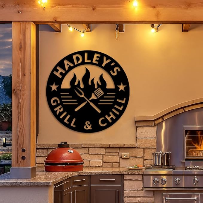 Custom Grill and Chill Metal Sign, Personalized Backyard BBQ Plaque with Fire and Utensils Design, Outdoor Patio Bar Wall Art, Rustic Western Decor, Gift Idea for Birthday, Christmas, Holiday BBQ
