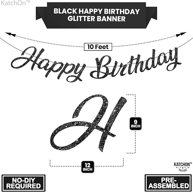 KatchOn, Glitter Black Happy Birthday Banner - Pre-Strung No DIY,10 Feet | Birthday Decorations for men, Women | Hbd Banner Backdrop For Black Party Decorations, Halloween Decorations
