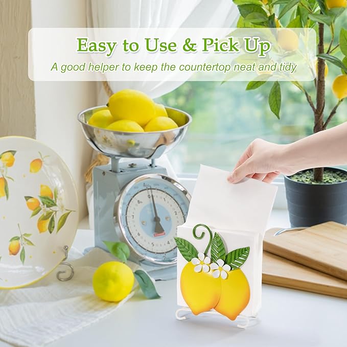 Lemon Napkin Holder for Table - Tissue Holder for Spring Home Decor, Vintage Home Yellow Kitchen Counter Decor and Accessories, Lemon Housewarming Gifts for Women, 3D Handmade Pattern, Metal