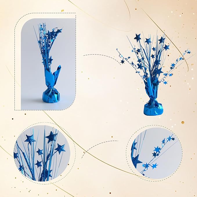 12 Pack Metallic Blue Foil Spray Centerpieces Stars Brust Table Centerpieces for Wedding Birthday Anniversary Holiday Party Decor, Metallic Star Balloon Wights for Party, Table Decor for Party