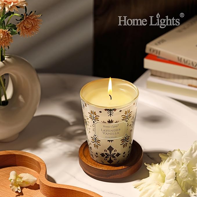 HomeLights Soy Wax Candles for Home Scented, 1-Wick Candles in Lavender Vanilla Scented, Aromatherapy Candles Gift for Parties, Relaxing, Bohemian Natural Textures, 6.7oz