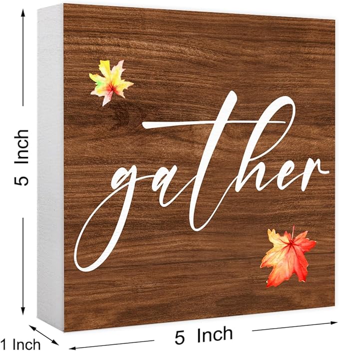Funny Autumn Wood Box Sign Gather Wooden Block Desk Decor for Home Office Kitchen Cubicle Table Shelf Tabletop,Farmhouse Fall Sign Decor