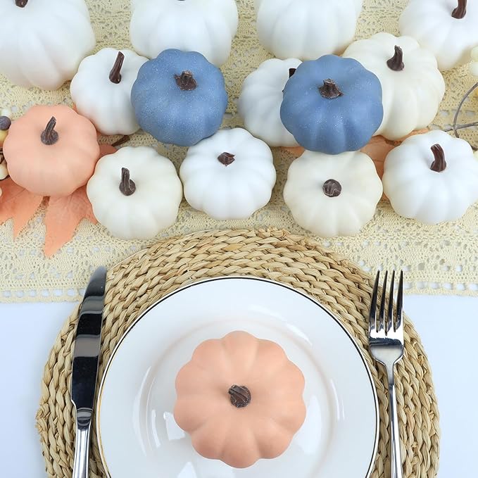 Artgar Fall Pumpkin Decor - Fake Foam Pumpkins - 11 PCS Mini Pumpkins with Maple Leaves Berries for Fall Halloween Thanksgiving Home Mantelpiece Table Tray Decoration