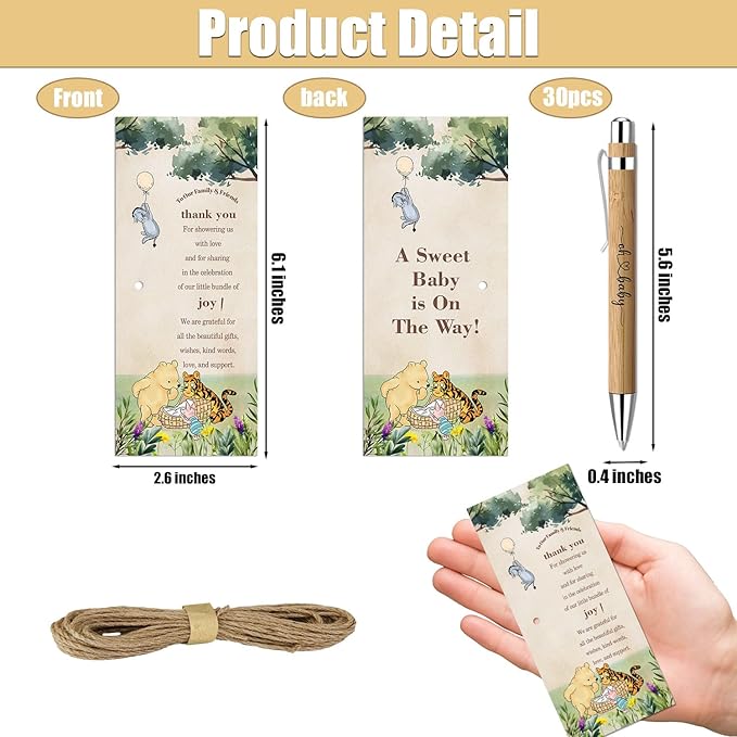 30 Pieces Baby Shower Gifts for Guests, Winnie Baby Shower Sets, Included Bamboo Pens Greeting Cards for Games, Gender Reveal Souvenirs Prizes, Winnie Baby Shower Decorations