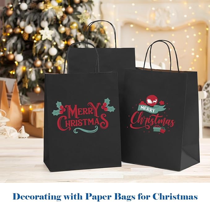 GSSUSA 100 Pack, 8x4.25x10 Black Paper Gift Bags with Handles Bulk for Small Businesses, Grocery & Retail, Birthday Parties, Crafts