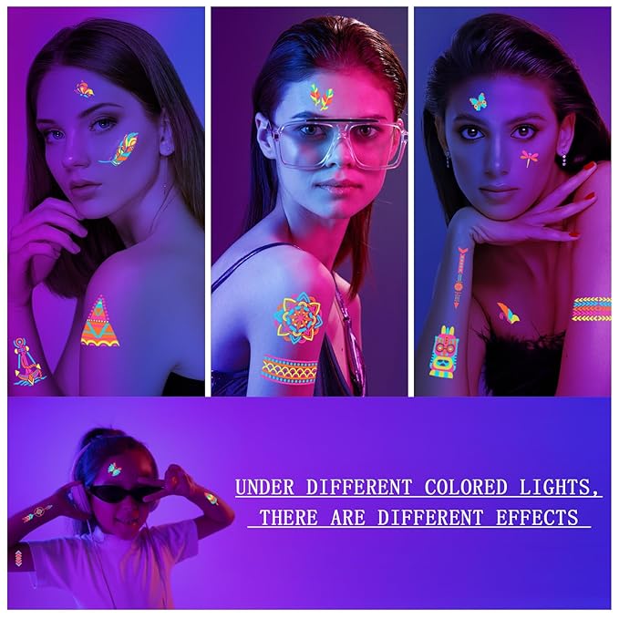 201pcs Glow in the Dark Temporary Tattoos for Adults and Kids, Glitter Tattoo Kit, Neon Body Face UV Blacklight Fake Tattoos Stickers, Glow in the Dark Party Supplies, Rave Accessories (32 Sheets)