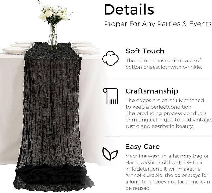 20 PCS Pack Black Cheesecloth Table Runner 10ft Boho Gauze Fabric Cheese Cloth Table Runner Comes with 20 Cloth Napkins Runner for Romantic Wedding Birthday Shower Party Table Decoration