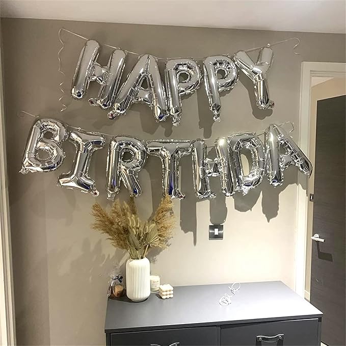 Silver Happy Birthday Banner - 16 Inch Mylar Foil Letters Balloons with Ribbon, Self Inflating Bunting Balloons Banner for Women Men Birthday Party Decorations