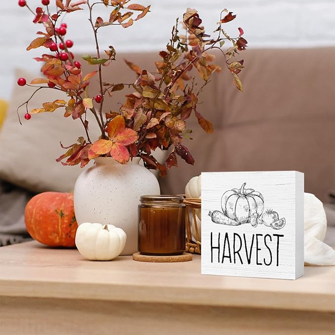 Funny Autumn Wood Box Sign Pumpkins Harvest Wooden Block Desk Decor for Home Office Kitchen Cubicle Table Shelf Tabletop,Farmhouse Fall Sign Decor