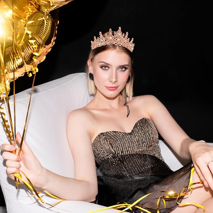 Velscrun Rose Gold Crystal Birthday Tiara Crowns for Women Girls Elegant Princess Crown with Combs Birthday Girl Headband Sash Happy Birth Party Decorations Birth Gift Hair Accessories