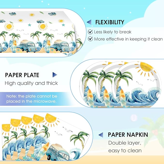 41Pcs Summer Beach Surf First Birthday Decorations for Boy,The Big One Birthday Party Supplies Dessert Plates Napkins Tablecloth丨 Surfs Up Baby Boy First Birthday Decorations,Serves 20