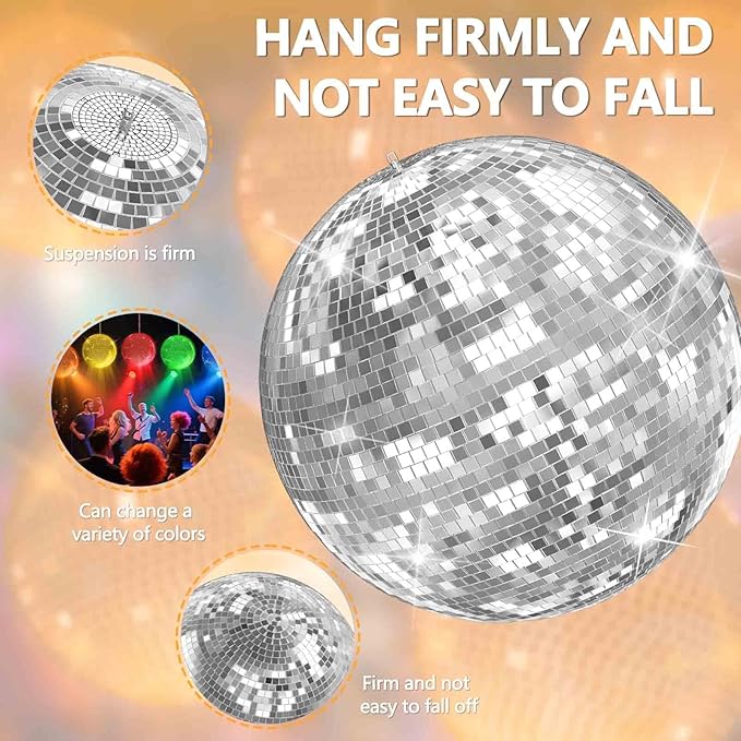 16 Inch Silver Disco Ball LED Light,Silver Glass Mirror Ball Light for Party,Christmas Decorations,USB Powered Mirror Disco Ball for Nightclub,Bar,Wedding,DJ Party Lighting(16inch)