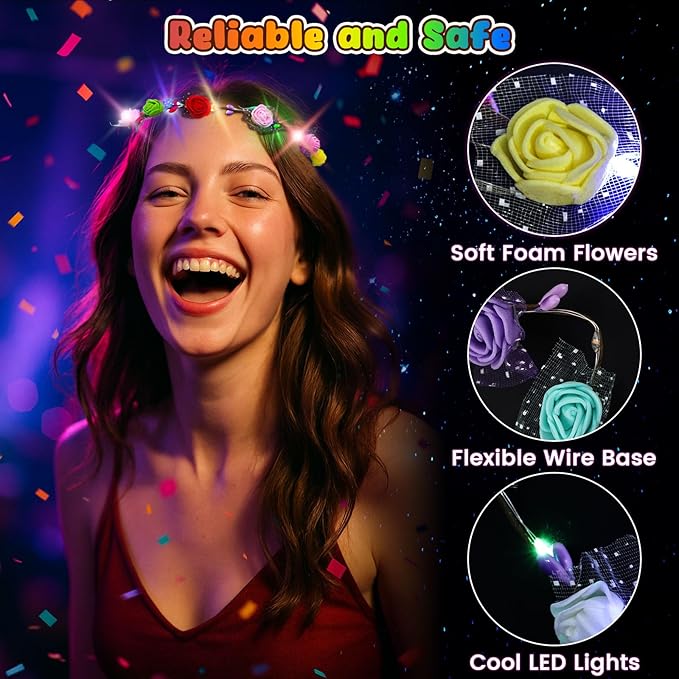 LovesTown 24PCS LED Flower Crowns Headbands Christmas Party, Light Up Flower Crowns For Women, Glow in the Dark Party Supplies for New Year Raves Birthday Wedding Favors Cosplay