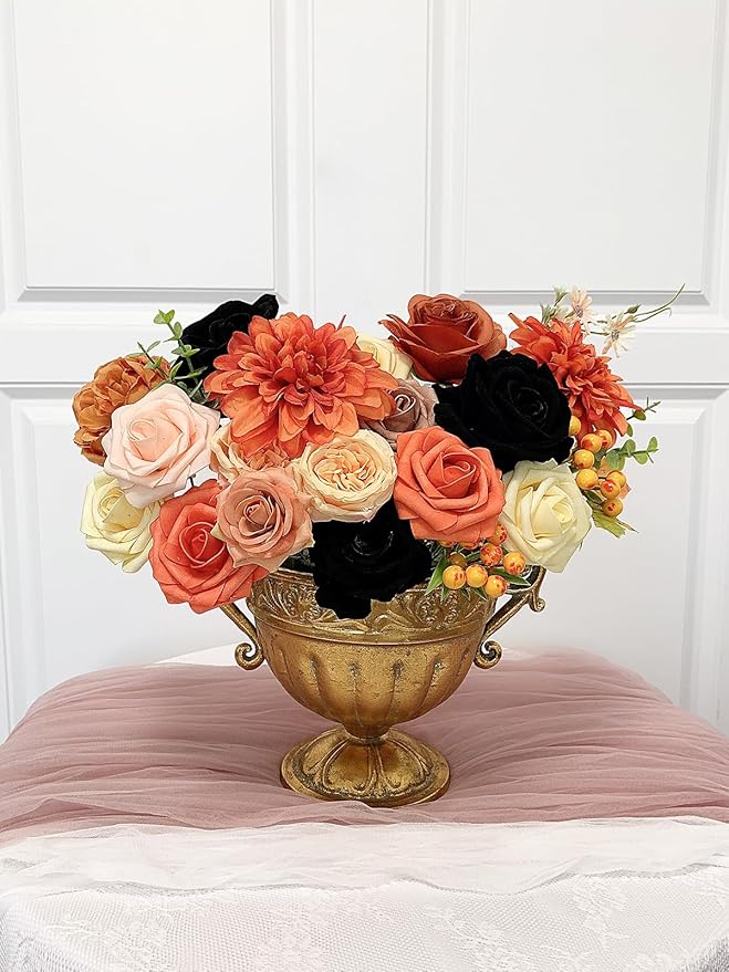 Roses Artificial Flowers Fall Orange Black Bouquet Box Set for DIY Halloween Wreath Autumn Wedding Bridal Shower Decorations Party Table Centerpieces Fake Floral Arrangement Home Decor Indoor