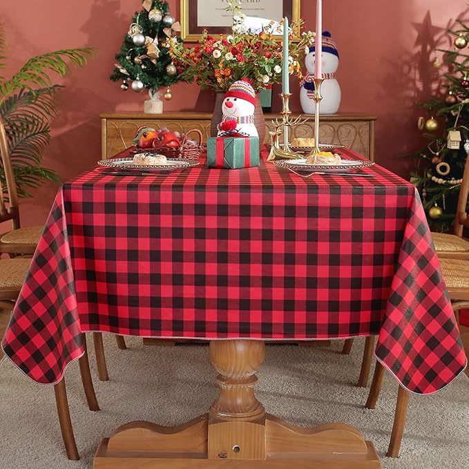 Buffalo Checkered Vinyl Christmas Tablecloth Rectangle 60 x 84 Inch with Flannel Backed, Waterproof & Wipeable Plastic Heavy Duty Table Cover for Dining, Winter Party & Holidays, Red and Black