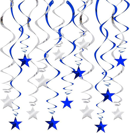 BEISHIDA Blue Silver Stars Hanging Swirls Bachelorette Graduation Hanging Ornament Decorations for Birthday Party Baby Shower Supplies Congrats Grade 2025 Graduation Decorations,Pack of 15