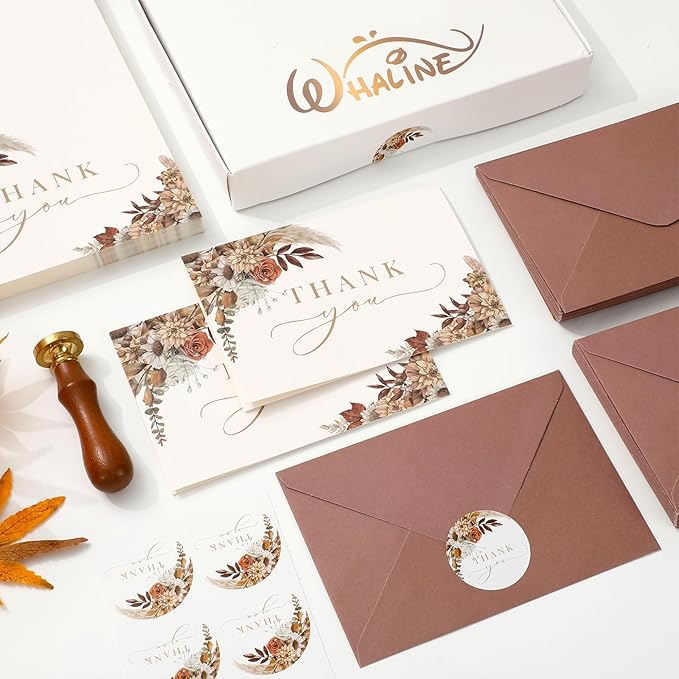 Whaline 50 Pack Boho Floral Thank You Cards Boxed Retro Flower Note Cards with Envelopes Stickers Fall Blank Card for Thanksgiving Bridal Shower Baby Shower Wedding Supplies, 4 x 6 Inch