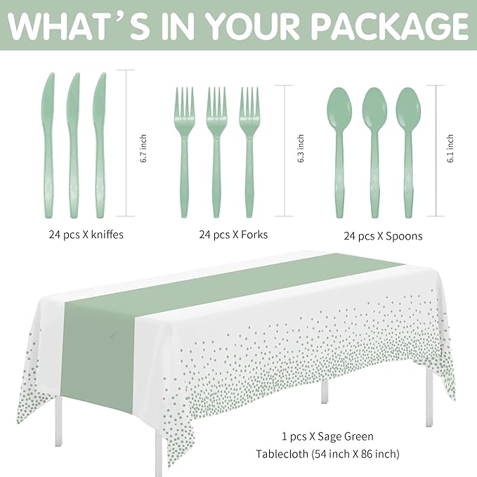 Sage Green Party Decorations Supplies Tableware, Light Green Paper Plates And Napkins, Tablecloth Printed Table Runner, Cutlery, for Birthday Baby Bridal Shower Wedding Anniversary, Serves 24
