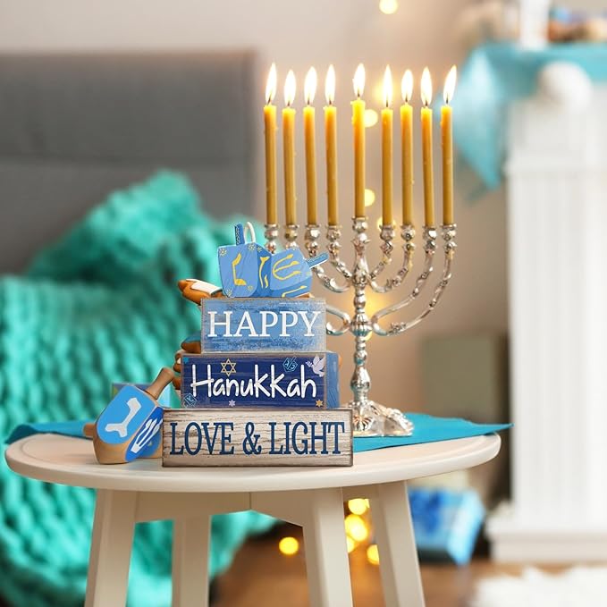 4 Pcs Hanukkah Table Decorations Chanukah Tiered Tray Decor Dreidel Star of David Wooden Block Signs Blue and White Jewish New Year Judaism Hanukkah Decor for Home Kitchen Mantel Party