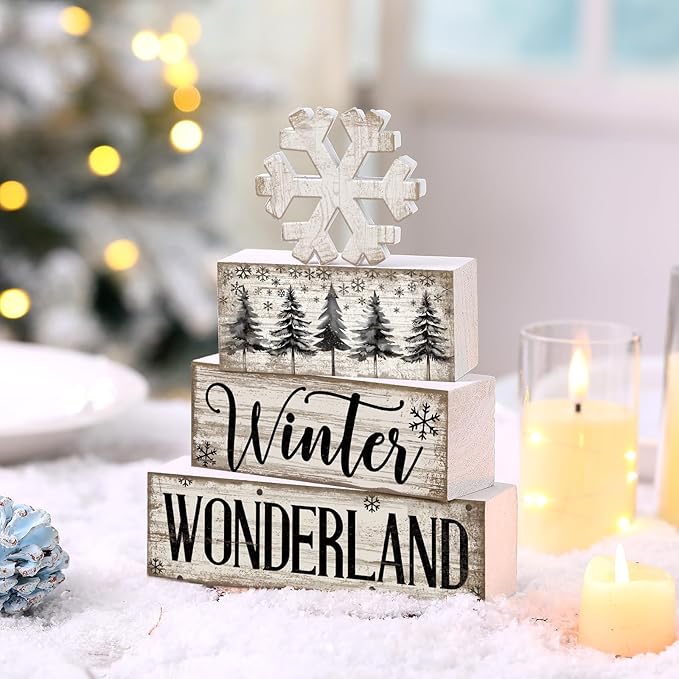 4 Pcs Christmas Table Decorations Wooden Snowflake Decor Winter Tiered Tray Decor Rustic Snow Block Signs Gift Farmhouse Christmas Centerpiece for Winter Wonderland Party Kitchen Home