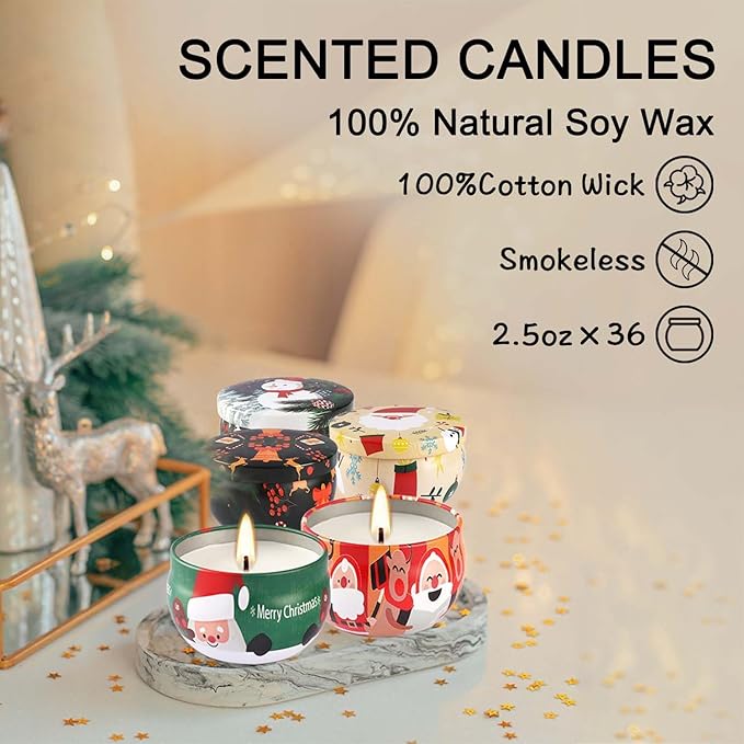 36Pack Christmas Scented Candles Sets,Long Burning,2.5oz Natural Soy Wax with Essential Oils Decorative Aromatherapy Candles for Christmas，Thanksgiving Gift, Home Scented